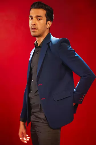 Navy Blue Cotton Blend Blazer