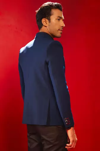 Navy Blue Cotton Blend Blazer