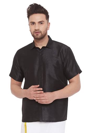 Men'S Black Silk Blend Ethnic Shirt