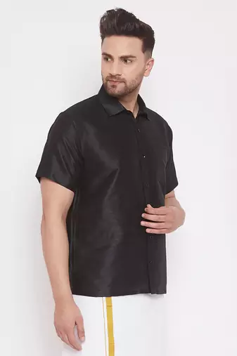 Black Silk Blend Ethnic Shirt
