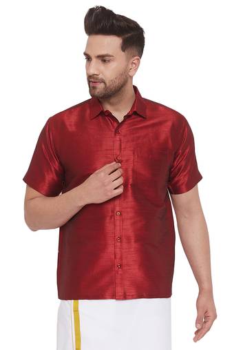 Men'S Maroon Silk Blend Ethnic Shirt