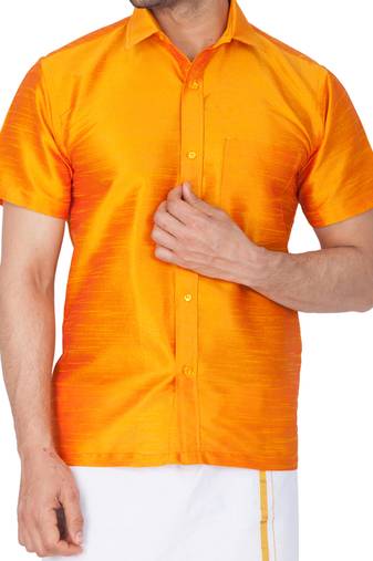 Men'S Orange Silk Blend Ethnic Shirt
