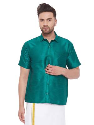 Green Silk Blend Ethnic Shirt 1