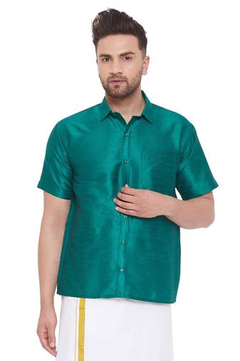 Men'S Green Silk Blend Ethnic Shirt