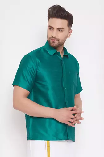 Green Silk Blend Ethnic Shirt