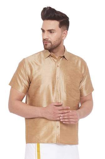 Men'S Rose Gold Silk Blend Ethnic Shirt