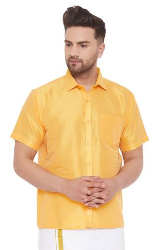 Men'S Yellow Silk Blend Ethnic Shirt