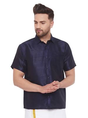 Navy Blue Silk Blend Ethnic Shirt 1