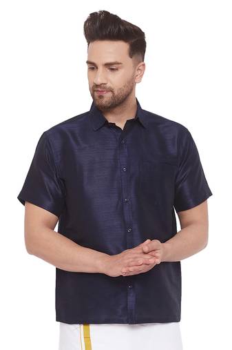 Men'S Navy Blue Silk Blend Ethnic Shirt