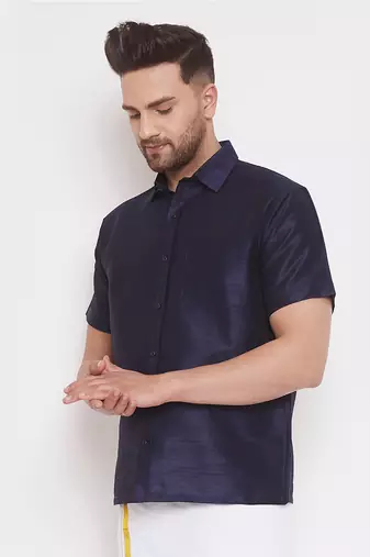 Navy Blue Silk Blend Ethnic Shirt