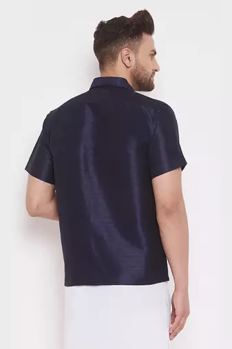 Navy Blue Silk Blend Ethnic Shirt