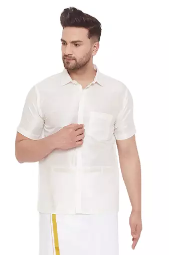 Men'S Cream Silk Blend Ethnic Shirt