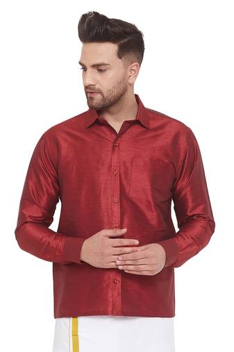 Men'S Maroon Silk Blend Ethnic Shirt