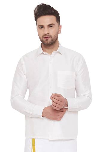 Men'S White Silk Blend Ethnic Shirt