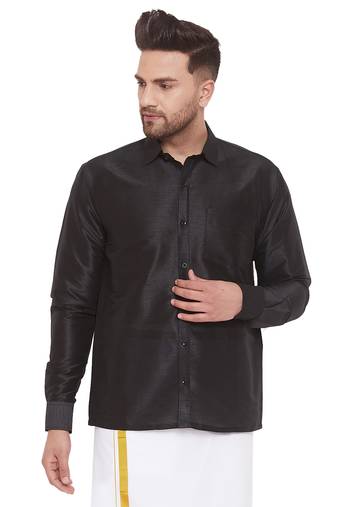 Men'S Black Silk Blend Ethnic Shirt