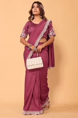 ready to wear party wear vichitra silk floral embroidery saree with embroidery work unstitched blouse piece 1