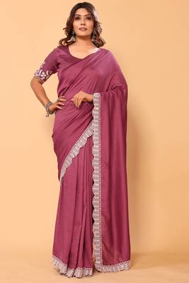 ready to wear party wear vichitra silk floral embroidery saree with embroidery work unstitched blouse piece 2