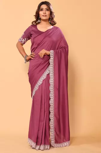 pre-stitched party wear vichitra silk floral embroidery saree with embroidery work