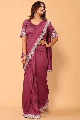 ready to wear party wear vichitra silk floral embroidery saree with embroidery work unstitched blouse piece 5