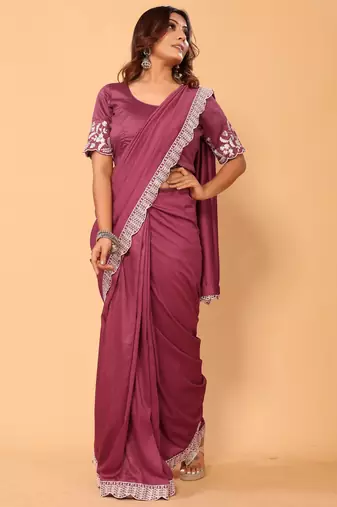 pre-stitched party wear vichitra silk floral embroidery saree with embroidery work