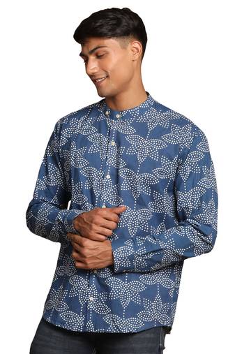 Men'S Indigo Blue Cotton Ethnic Shirt