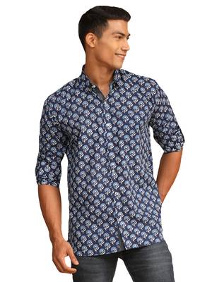 Blue Cotton Blend Ethnic Shirt 1