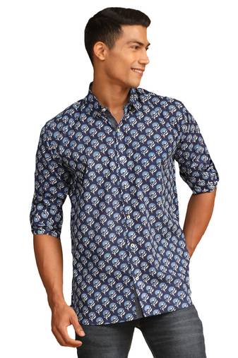 Men'S Blue Cotton Blend Ethnic Shirt