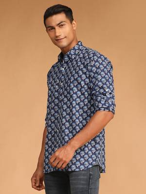 Blue Cotton Blend Ethnic Shirt 2