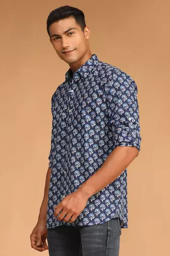 Blue Cotton Blend Ethnic Shirt