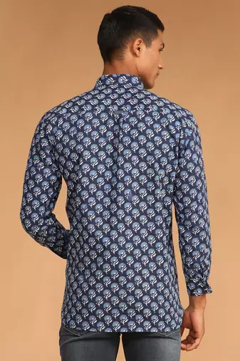 Blue Cotton Blend Ethnic Shirt