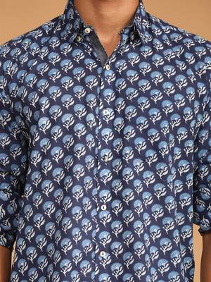 Blue Cotton Blend Ethnic Shirt 4