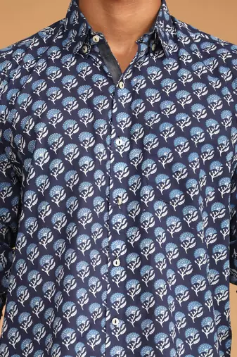 Blue Cotton Blend Ethnic Shirt