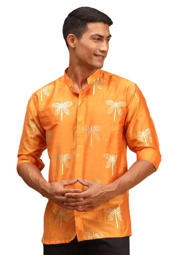 Men'S Orange Viscose Ethnic Shirt