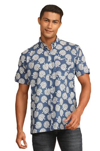 Men'S Blue Cotton Ethnic Shirt
