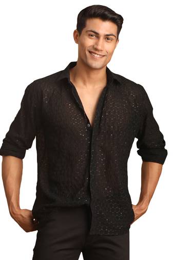 Men'S Black Georgette Ethnic Shirt