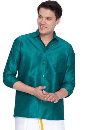 Men'S Green Silk Blend Ethnic Shirt