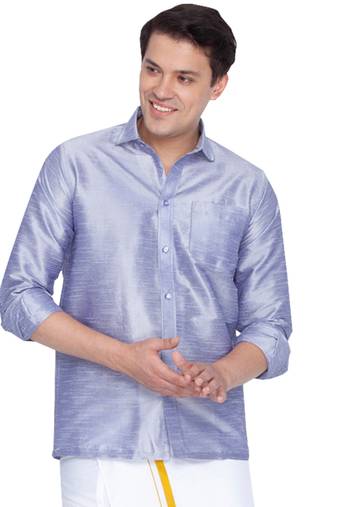Men'S Blue Silk Blend Ethnic Shirt