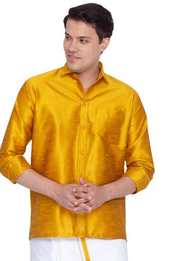 Men'S Yellow Silk Blend Ethnic Shirt