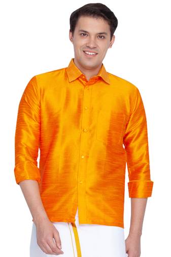 Men'S Orange Silk Blend Ethnic Shirt