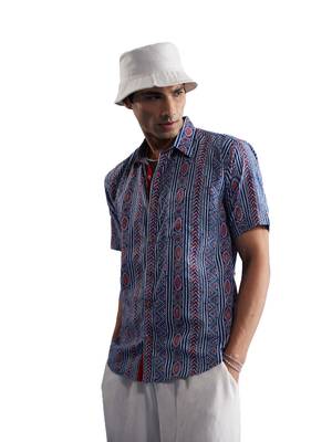 Indigo Blue Red Cotton Shirt 1