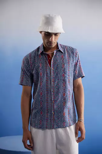 Indigo Blue Red Cotton Shirt