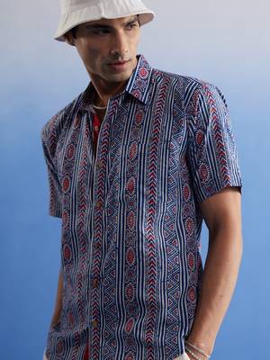 Indigo Blue Red Cotton Shirt 4