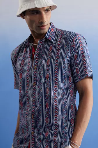 Indigo Blue Red Cotton Shirt