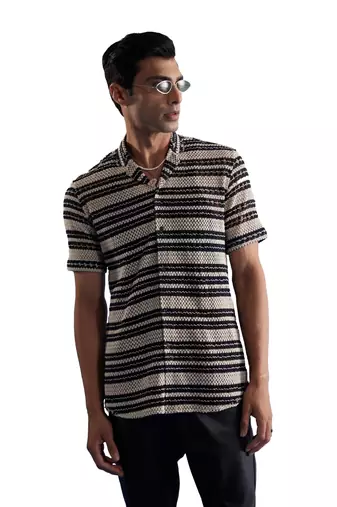 Men'S Beige And Black Cotton Blend Ethnic Shirt