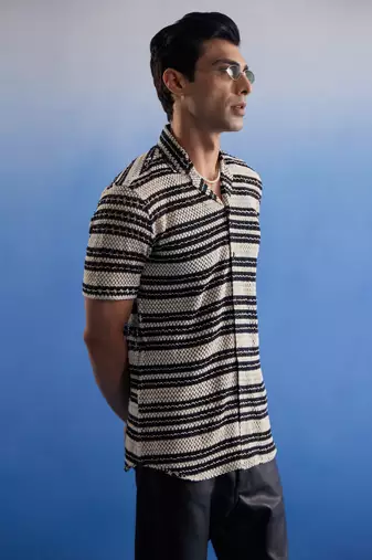 Beige And Black Cotton Blend Ethnic Shirt