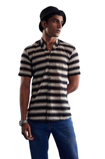 Men'S Beige And Black Cotton Blend Ethnic Shirt