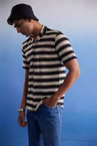 Beige And Black Cotton Blend Ethnic Shirt