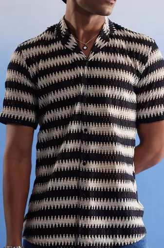 Beige And Black Cotton Blend Ethnic Shirt