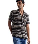 Beige And Black Cotton Blend Ethnic Shirt