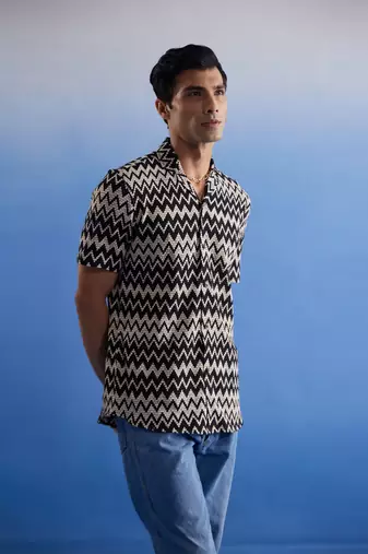 Beige And Black Cotton Blend Ethnic Shirt